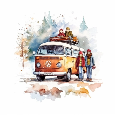 watercolor colorful clipart of a happy family road trip, hd, on white background