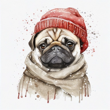 watercolor cute style, cute pug in christmas winter coat, christmas head, smiles, cute, pug in red ears, it's snowing, white background, clipart