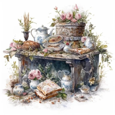 isolated on white illustration watercolor art of a part of a white kitchen buffet with bread and cake and cups, overgrown with white and light pink roses and flowers, covered with snow and ice, a lot of moss and branches, lace and embroidery, masterpiece by Tomasz Alen Kopera style and by Carl Holsoe style and by James C. Christensen style and by Alexander Jansson style, Baroque Architecture, PNG clipart, isolated on white, white background, extreme photorealistic details, 32k HD resolution, rea