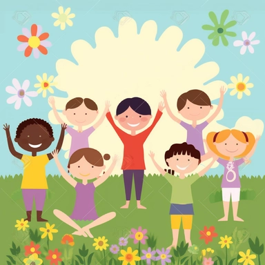 playful and inviting clipart illustration featuring a group of happy children practicing various yoga poses in a bright and colorful setting (content). The image should be created in a clean, flat vector style (medium) that is easily understood and engaging for young audiences (style). Use soft, ambient lighting to create a calm and relaxing atmosphere (lighting). Choose a cheerful color palette with pastel shades of blue, green, yellow, and pink to evoke a sense of joy and serenity (colors). Co