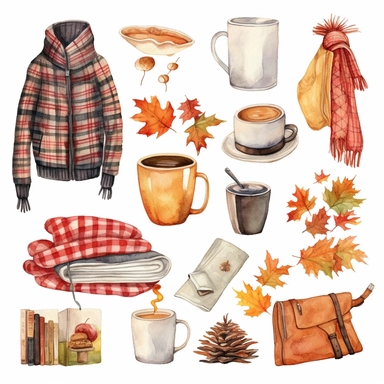 Watercolor Illustrate clipart sets featuring warm and cozy autumn essentials like sweaters, scarves, hot drinks, blankets, and bonfires, whitebackground