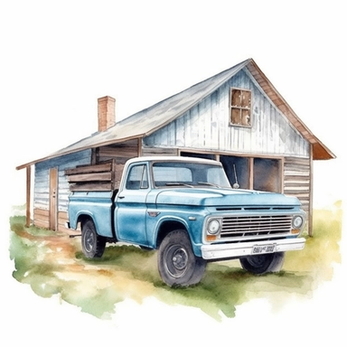 Farm barn light blue and truck clipart watercolor on a white background, high quality, photorealistic highly detailed watercolor painting