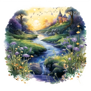 cartoon fairy glen by the River, grass and flowers line the sides if the river, glowing lights and sparkles, colors of green purple gold and blue, glamorous realistic and detailed, watercolor, white background with margins, clipart style