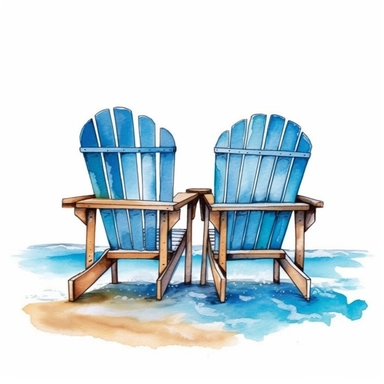A wooden couple chair on the beach blue waves, Watercolor Clipart, details Sublimation Clipart,Cartoon,hyper realistic, intricate detail, illustration style,high solution,on the white background