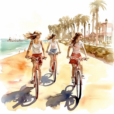 A group of friends riding vintage bicycles along a coastal road, with the iconic Santa Monica Pier in the background, watercolor, clipart