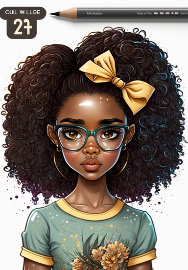 2d watercolor clipart kawaii, ssummer, character of beautiful african american woman, Intricately rendered dark Skinned woman, full body portrait, intricately rendered, 8k, long thick curls brown hair, sparkles, generously detailed, hyper realistic, digital, long eyelashes, beautiful retro comic urban chick, smart, books, nerdy, glasses, 4k,