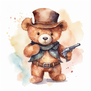 A cute watercolor clipart of a teddy bear dressed in Wild West cowboy attire, with a hat, boots, and a bandana around its neck. The bear has a confident stance and a revolver in its holster