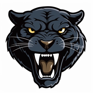 2d, flat, sports team logo style, clipart, front of face, panther, black with teeth, white background, no highlights, not a tiger
