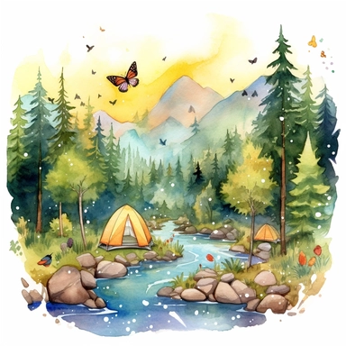 watercolor clipart painting of a Colorado mountain landscape, with evergreen pine trees, pinecones and sage green trees, with some yellow aspen trees and white birch trees, camping tent by a stream with rocks in the babbling brook, a butterfly and dragonfly, some birds, a sunset, hd, mystical and whimsical illustration with a little gold glitter and aurora borealis bubbles, with a few flowers and floral and botanical and ethereal elements, with white background,