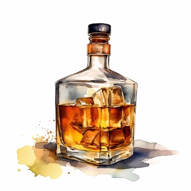 bottle of whiskey on kitchen counter water color clipart, white background