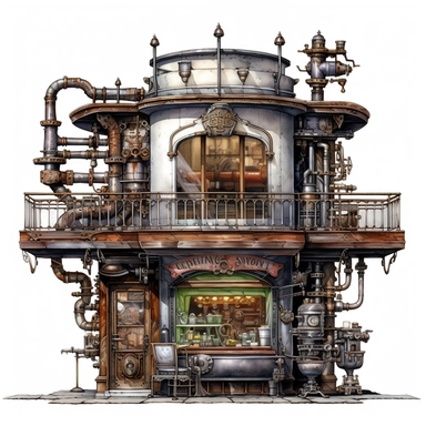 Steampunk café storefront, featuring a steam-powered espresso machine visible through the window, with riveted metal walls and heavy-duty mechanical gears. Hyper-realistic, watercolor Cafe Storefront Clipart, white background