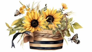 Sunflower basket with black and white bow, bumble bee, wooden wheel, pitcher. Watercolor Farmhouse style illustration. Vintage french country design. Rustic yellow flower clipart