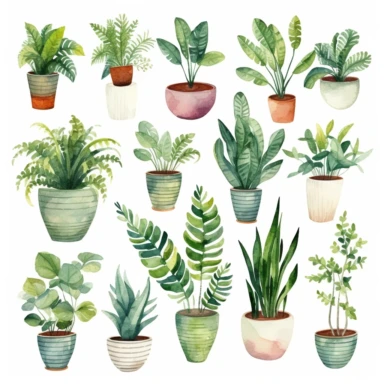 Watercolor House Plants Clipart. Indoor Plants Elements. Monstera, Cactus Illustration. Boho Home Decor Clipart. Home green garden. Plants in pots
