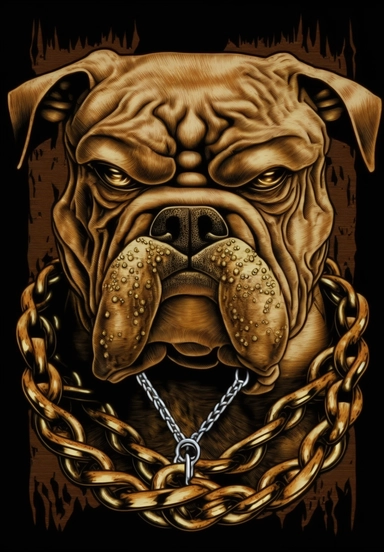 angry bulldog head in chains with clipart, in the style of hip hop aesthetics, strong sense of realism, light brown, carlos schwabe, thriftcore, cobra, intensity