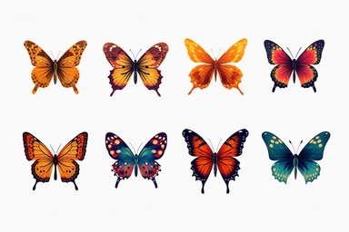 half side of butterfly, svg clipart with different variations in positions, on white background, spaced out