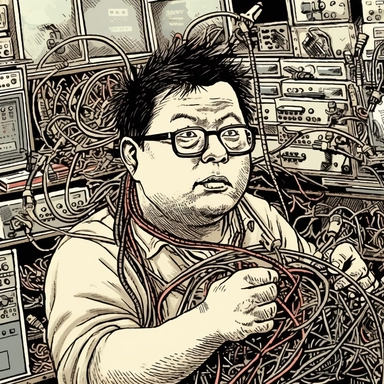 a fat old short haired asian man with glasses working on a server rack with a tangled mess of wires. Cartoon, Clipart, Funny