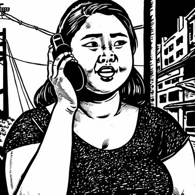 overweight 16 year old asian girl talking on her cell phone, her facial expression is happy, she is outside, clipart art style, only necessary detail, in black pen ink, black and white only, block print, medium shot