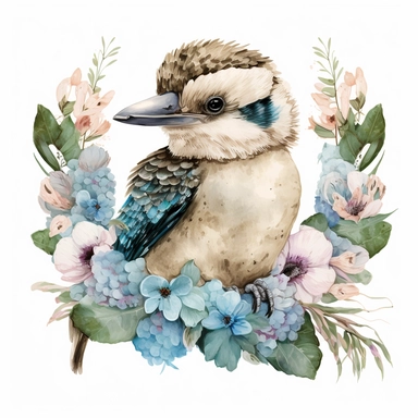 watercolor clipart of a cute Australian kookaburra bird with big eyes, native flowers, no background. Sharp face of animals. Adorable. High quality.