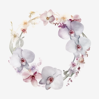 watercolor orchid wreath on white background, in the style of muted and subtle tones, intricate floral arrangements, uhd image, subtle realism, asymmetrical framing, fawncore, wedding clipart, floral accents, no background