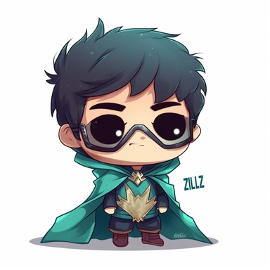 zeeb labs art style boy, super hero, tiny chibi body with teal suit, crown, Mask, smerk, super long cape, clipart, sticker, no background, hd