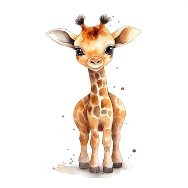 watercolour, clipart, a baby giraffe with a tail on a white background, in the style of david nordahl, light orange and dark beige, cartoon, light detail,childlike innocence, cute, smiley, realistic no realistic