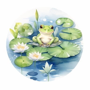 Watercolor Lily Pond Clipart - springtime cute lily pad and frog pond , white background, no text