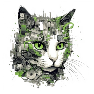 cat, collage quirky cool collage city, Felis catus clipart, Green eyes, white contour, detailed, clean line, hd, on white background, spaced out