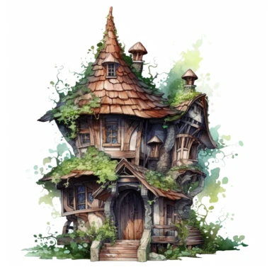 one fairy house clipart on a white background, in the style of hyperrealistic fantasy, intricate art nouveau, international gothic, highly detailed realism, atmospheric watercolors, fantasy characters, dark white and light green , no watermark, text, 300 DPI , typography, shapes do not stick together, no text in the picture, on a white background