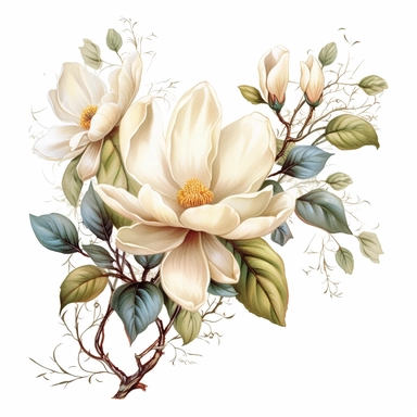 clipart, isolated boquet of magnolia flower and delicate vines