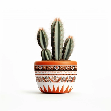 hd, clipart, realistic,A cactus plant in a pot with a southwestern mudcloth design, on white background--s 250