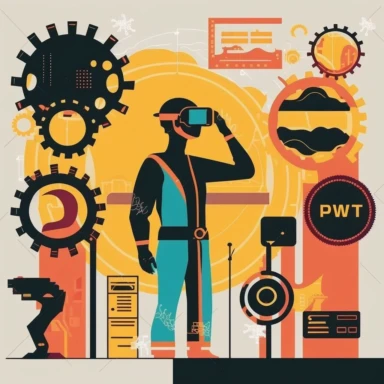 worker wearing vr headset, man, standing in an assembly plant, gauges, coding, vr developer, virtual reality, poster, simplistic, abstract, vector, 2d illustration, clipart, few colors