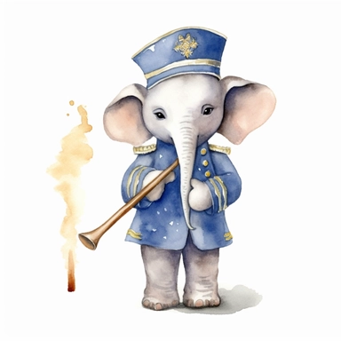 baby elephant as a marching band flute player, watercolor clipart, nursery style