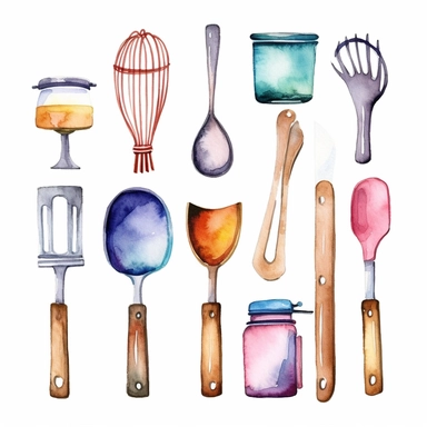 Watercolor kitchen utensils clipart for bakery decoration white background