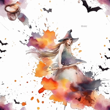 witch on a broom, watercolor clip art, grunge colors, white space, bats flying, 8k