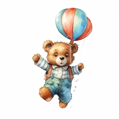 draw charming watercolor illustrations of a teddy bear wearing a shirt, the same character in different situations flying n watercolor, single object, watercolor illustration, cartoon clipart, white background for removing background