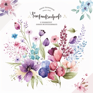 Wildflower Clipart Watercolor Floral Wedding Spring Flowers Premade Corner Arrangement. Bachelorette party, pink, blue, purple and brown pastel colors on white background FOR GIFT CARD, WEDDING INVITATIONS