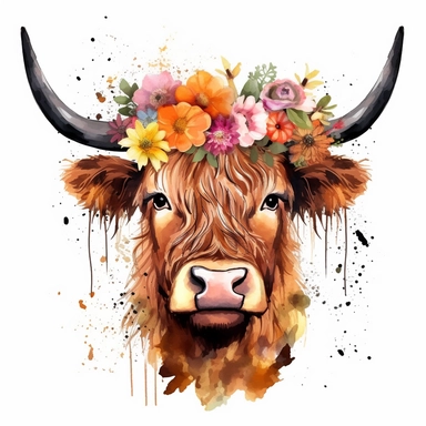Highland Cow With Flower Crown Clipart, flat water splash color for tshirt design, white background