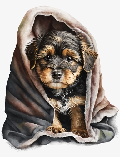 baby dog in a blanket, watercolor clipart, transparent background,