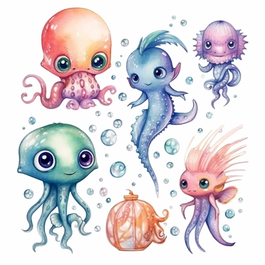 cutest little nursery sea creatures with big eyes, full body, pen and ink with watercolor, pearlescent horn, sparkles, glittery, clipart sheet, nurseycore