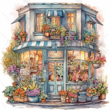 watercolor clipart of a whimsical flower store front, colored pencil drawing, beautiful illustration, good composition, vector, contour, isolated white background, rendered in 26k