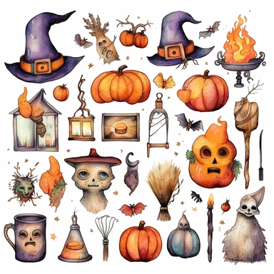 Watercolor line art, halloween themed items , illustrations clipart set, simple, halloween colors , cartoon elements, different variants , skeletons, pumpkins,broom, witch hat, candies, bats,lanterns, , modern art, separate elements with a margin