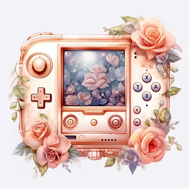 Watercolour rose gold and pastel detailed 3d Handheld gaming console, surrounded by beautiful roses and Swarovski crystals and diamonds, svg clipart style, solid white background, clipart element, clipart style highly detailed beautiful