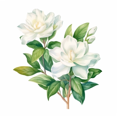 watercolor gardenia flowers clipart for wedding invitation card, hd, detailed, pastel color, clean line, on white background, spaced out