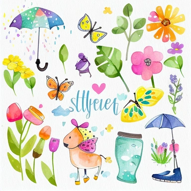Please create a series of watercolor clipart illustrations featuring different items related to spring. Each illustration should be drawn in a charming and playful style that captures the beauty and vibrancy of the season. Items to include can be flowers, butterflies, birds, bees, rain boots, and umbrellas. Please use a coherent color palette that is bright and cheerful, but also soothing and calming. Colors that are associated with spring, such as greens, blues, pinks, and yellows, should be us