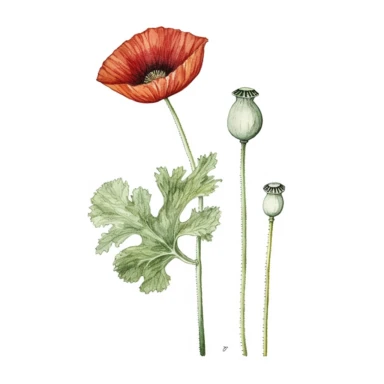 Watercolor of tall slender micro dainty poppy leaves on a single stem with closed poppy seed head. Ikebana red poppy, leaves typically have a distinctive elongated shape with a pointed tip, and are deeply lobed or dissected. The lobes are typically rounded or toothed, and may be arranged alternately or opposite each other along the stem. Floral Clipart, poppy, Minimalist Flowers Watercolor, Ikebana Clipart, Separated design