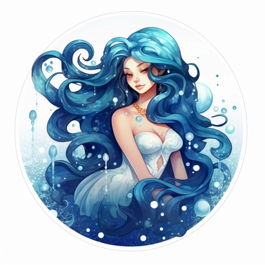 Aquarius zodiac sign as fantasy cute beautiful lady under water, tentacles, Horoscope, Astrology, water theme, surrounded by water, Watercolor Aquarius Zodiac Sign Clipart sticker design, 8k, detailed white background, uplighted