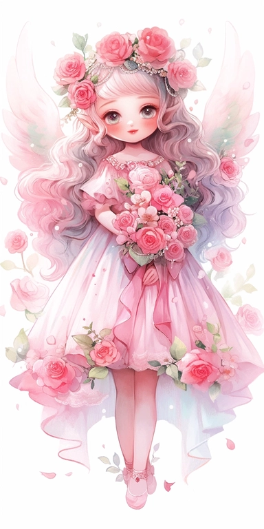 Watercolor beautiful wild roses fantasy forest fairy girl with beautiful face and big eyes with flowers, with angel wing, chibi kawaii animated style, vivid vibrant colors, intricate detail, hyper detailed, hyper quality, 32K, unreal engine, isolated on white background, kawaii, clipart