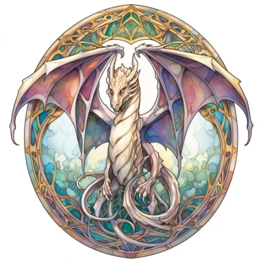 Gothic arched doorway window with a captivating stained glass-inspired dragon artwork clipart on a white background. light colors simlisistic design showcasing transparency, simplicity, and vibrant luminous colors in a stained glass style. The dynamic hues bring the dragon to life within the arched doorway window.