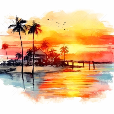 Clipart on white background Beach Sunset landscape water color