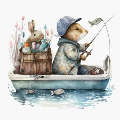 clipart design of watercolor bunny go fishing in a boat, contrasting to the white background